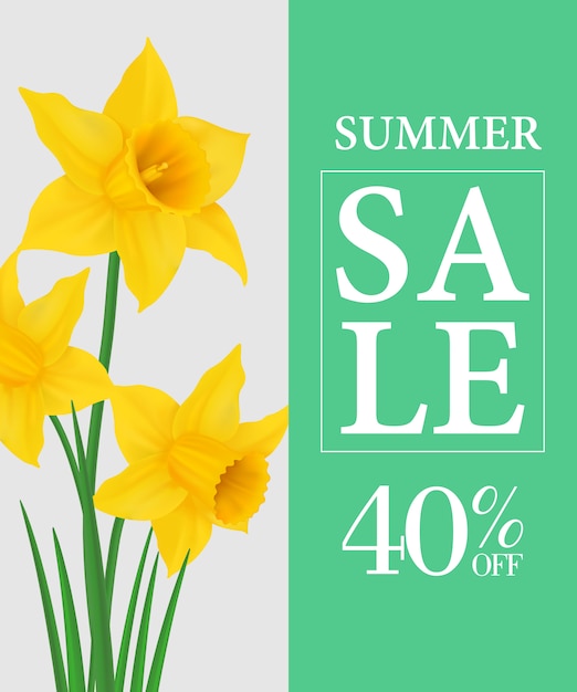Summer sale forty percent off poster template\
with yellow daffodils