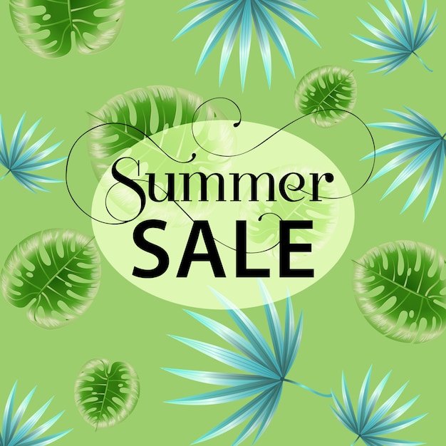 Summer sale green promo poster with tropical\
leaf pattern.