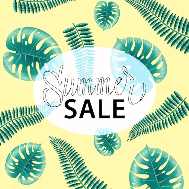 Summer sale, promo poster with tropical leaves\
on yellow background.