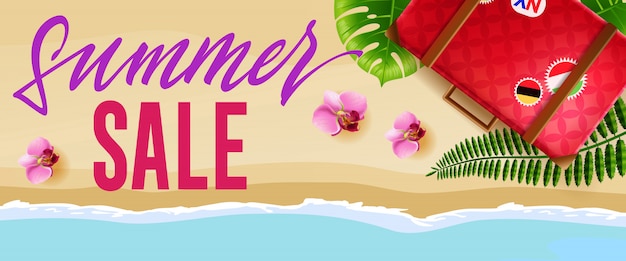 Summer sale seasonal banner with flowers, travel bag and beach ...