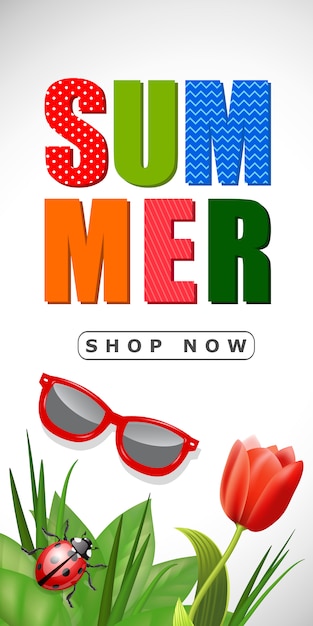 Summer sale shop now lettering with sunglasses
and tulip.