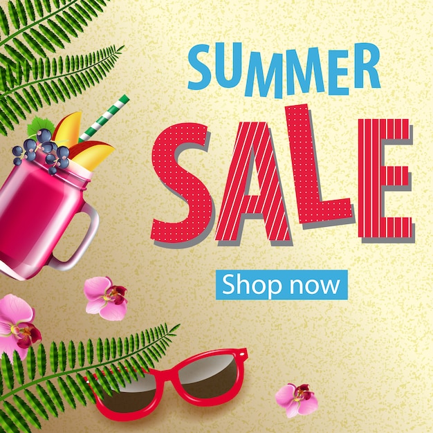 Summer sale shop now poster with pink flowers,
sunglasses, mug of berry smoothie