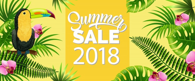 Summer sale, twenty eighteen yellow banner with\
palm leaves, tropical flowers