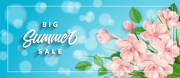 Summer sales banner with pink flowers - Stock Image - Everypixel