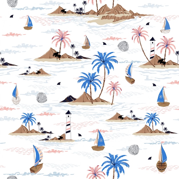 Summer seamless island pattern ocean vector Premium Vector