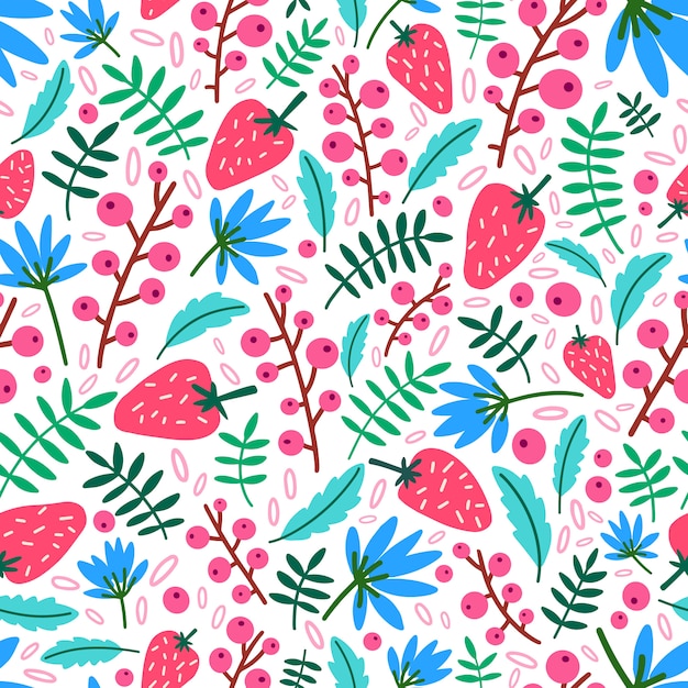 イチゴ 花 白い背景の上の葉で夏のシームレスなパターン 熟した野生の果実の自然な背景 包装紙 テキスタイルプリント 壁紙の装飾的なイラスト プレミアムベクター