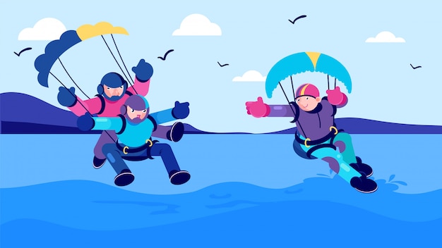 夏のスポーツ活動 海パラシュートジャンプイラスト 男性女性人漫画のキャラクター楽しい極端なパラシューティング プレミアムベクター