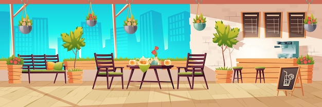 サマーテラス 屋外シティカフェ 木製のテーブル 椅子 鉢植えのコーヒーハウス 街並みビューの背景に黒板メニュー ストリートドリンクやスナックの食堂 漫画 イラスト 無料のベクター