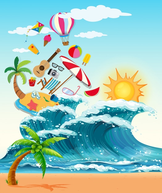 Summer theme with big waves and sunshine Vector | Premium ...