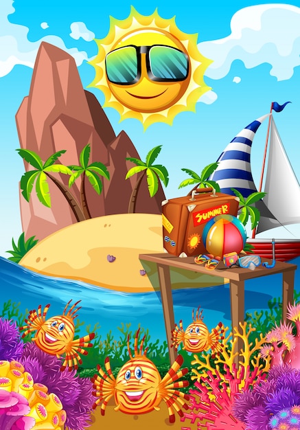 Download Summer theme with sun and island | Free Vector