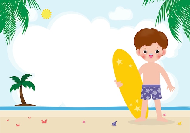 夏の時間とビーチでサーフボードとかわいいサーファーアジアの子供たちのキャラクター幸せな若いサーフ 背景に分離されたイラスト プレミアムベクター