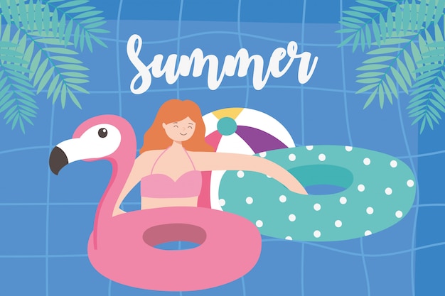 プレミアムベクター 山車とボール休暇観光プール背景イラスト夏の時間の女の子