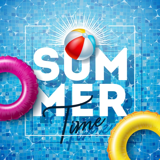 Summer time illustration with float and beach ball on pool water Premium Vector