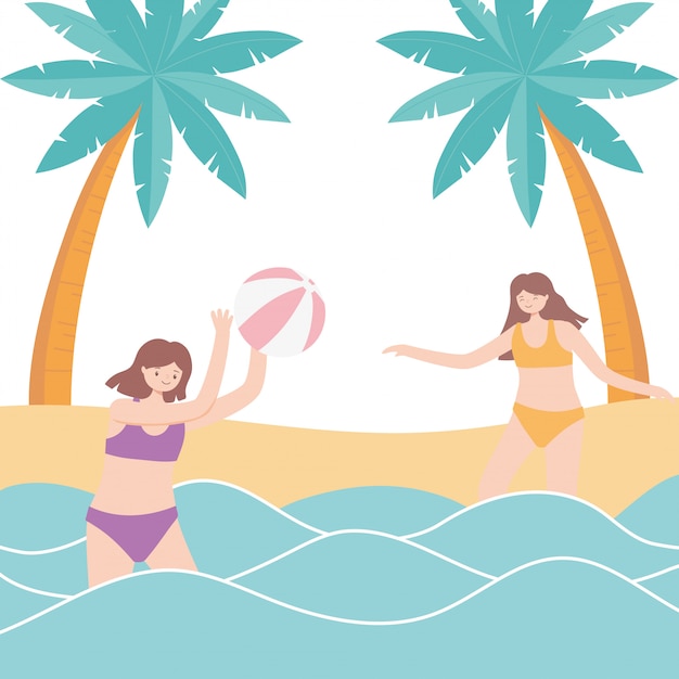 ビーチボールのイラストが海で遊んで夏の時間休暇観光の女の子 プレミアムベクター