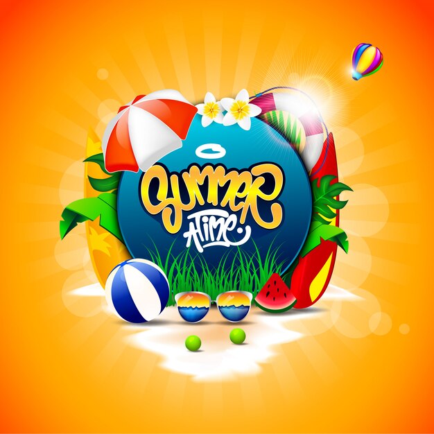 Summer time with coconut trees, beach balls, glasses, watermelons and some beach elements Premium Vector