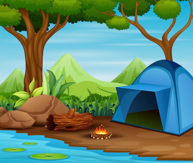 Summer tourist camp in forest near lake Vector | Premium Download