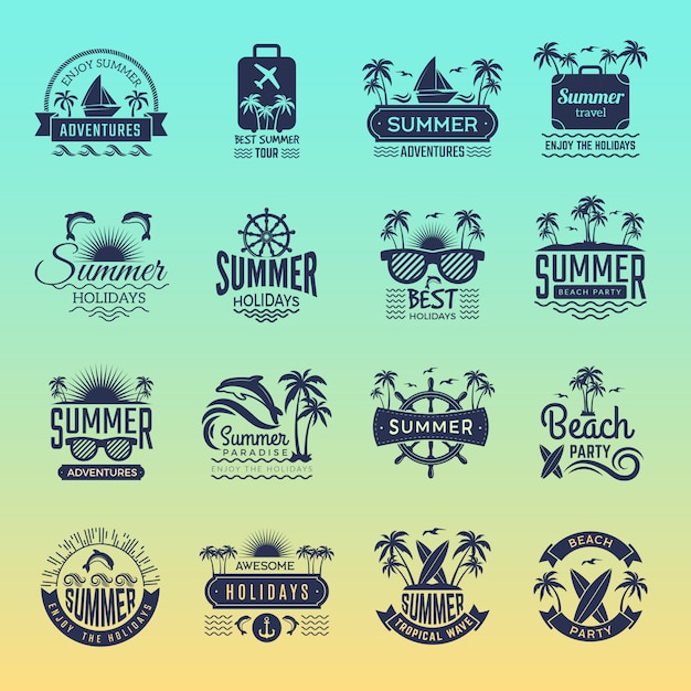 Summer travel logos. retro tropical vacation badges and symbols palm tree drinks beach tour on islan
