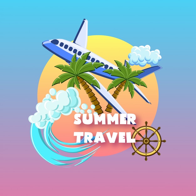 Summer travel with palm trees, airplane, ocean waves, ship wheel, cloud on the sunset sky. Premium Vector