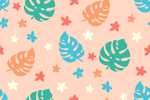 夏のトロピカルシームレスパターン エキゾチックな壁紙 漫画の葉と花 モンステラ ヤシ 野花 ハワイアンフラット植物ジャングルピンクの背景 プレミアムベクター