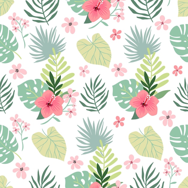 Premium Vector | Summer tropical seamless pattern with hibiscus and leaves