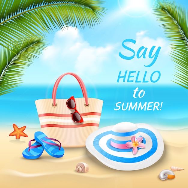 Summer vacation background with beach bag hat\
and flip-flops on sand realistic
