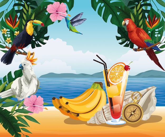 Summer vacation and beach in cartoon style Free Vector