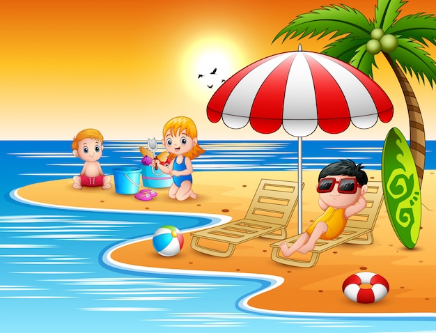 Summer vacation children in the beach | Premium Vector