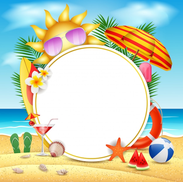 Summer vector banner design concept in beach island with beauty blue sky background. vector illustration Premium Vector