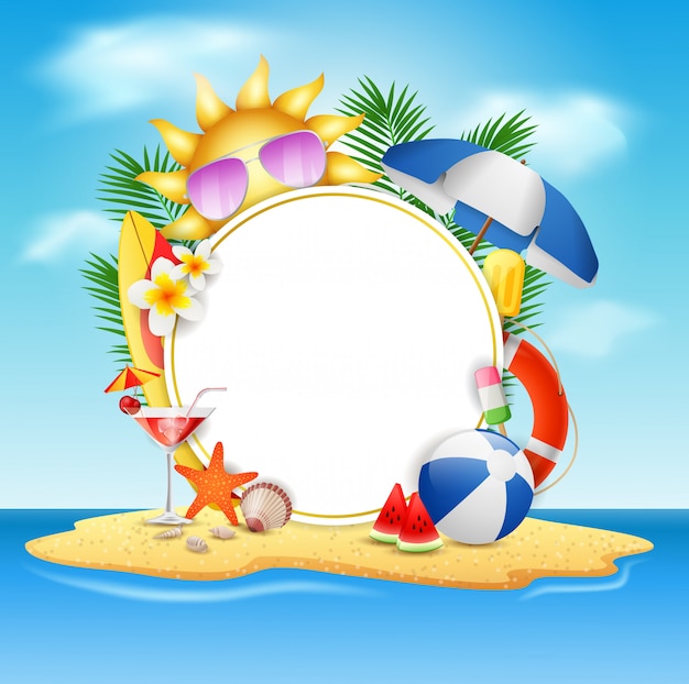 Download Summer vector banner design concept in beach island with beauty blue sky background. vector ...