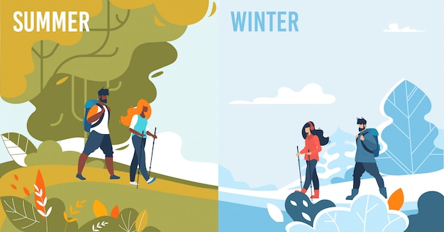 Summer winter set with seasonal people activities Premium Vector