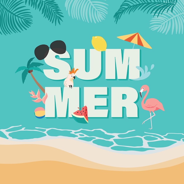 Premium Vector | Summer with coconut tree, flamingo ,fruit on the beach