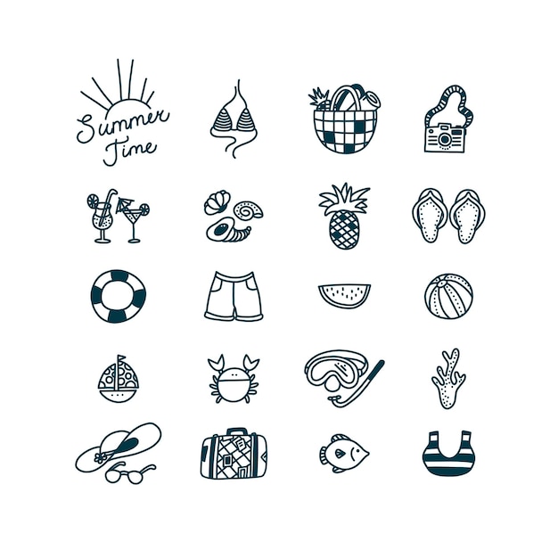 Premium Vector | Summertime doodle set if icons swimwear camera ...