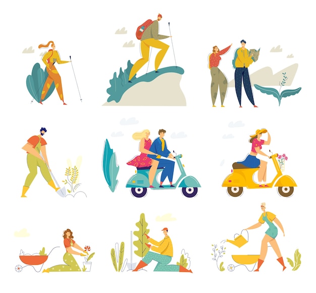 夏の趣味とアクティビティセット 幸せな男性と女性のキャラクターのハイキング プレミアムベクター