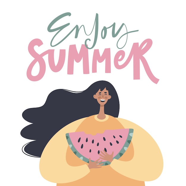 スイカを食べる女の子と夏のイラスト 夏をお楽しみください と手書きのフレーズでトレンディなフラットの漫画のキャラクター 夏休みのポスター プレミアムベクター