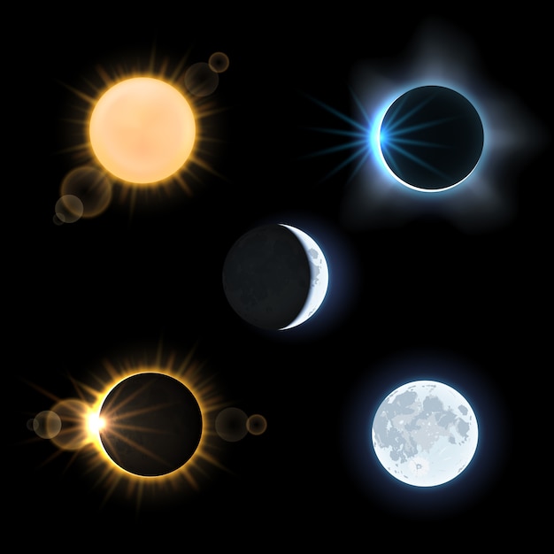 太陽と月と太陽と月の日食 天文学の空 ベクトルイラストセット プレミアムベクター