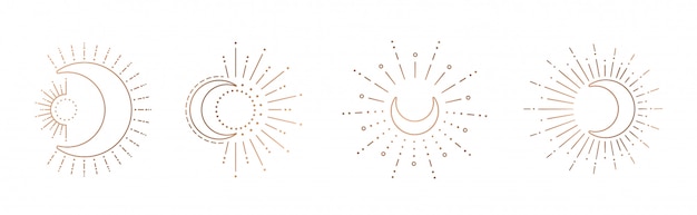太陽と月のラインアートのクリップアート 太陽の概要 プレミアムベクター