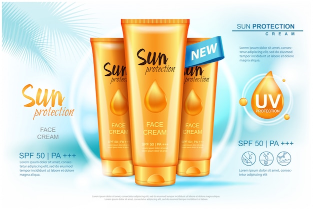 Sun care cream tubes, sun protection cosmetic products. illustration ...