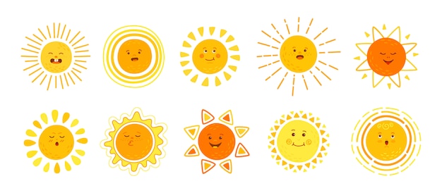 日フラットセット 手描きのかわいい太陽 面白い黄色の幼稚な日当たりの良い絵文字コレクション 太陽光線の漫画のキャラクターと太陽の笑顔 絵文字夏の絵文字 孤立したイラスト白背景 プレミアムベクター