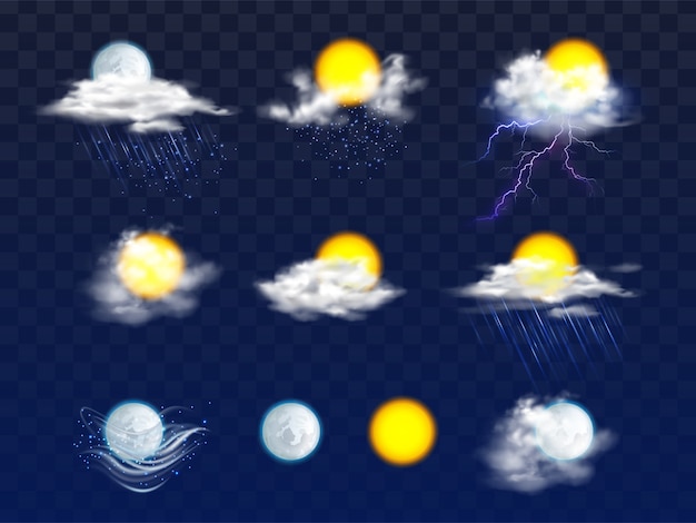 Sun and moon disks clear and in clouds with rain and snow icons Free Vector