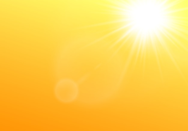 空に輝く太陽黄色の背景にリアルなイラスト プレミアムベクター