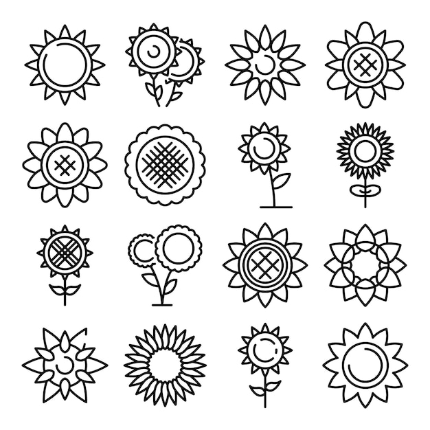 Download Sunflower icons set, outline style Vector | Premium Download