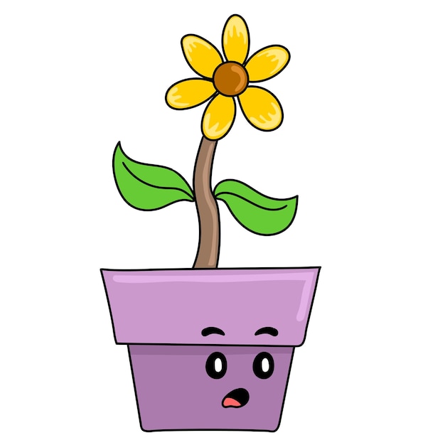 ヒマワリは鉢植えで育ちます 漫画イラストステッカー絵文字 プレミアムベクター