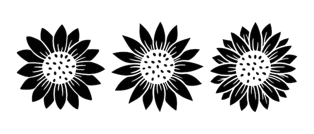 ひまわりシンプルなアイコンセット 花のシルエットのベクトル図です ひまわり グラフィックロゴコレクション パッケージ 装飾のための手描きアイコン 花びらフレーム 白い背景で隔離の黒いシルエット プレミアムベクター