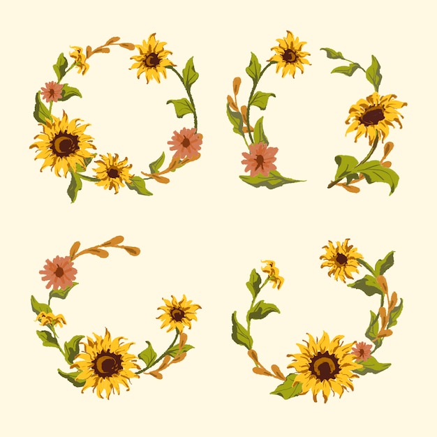 Download Sunflower wreath and badge vector set | Free Vector