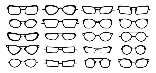 サングラス 白い背景で隔離のメガネ メガネモデルのアイコン 男性 女性のフレーム さまざまな形 フレーム スタイル ファッション眼鏡アクセサリー プレミアムベクター