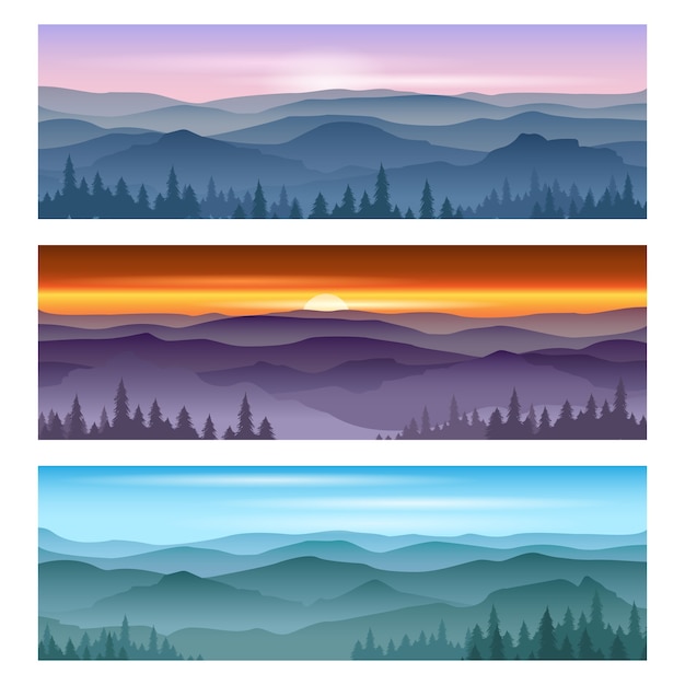 山の日の出と山の日没 ベクトルの背景風景 自然の夕日 屋外の日の出山のイラスト 無料のベクター