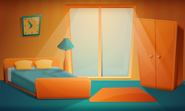 Premium Vector | Sunrise in the cartoon bedroom, vector illustration