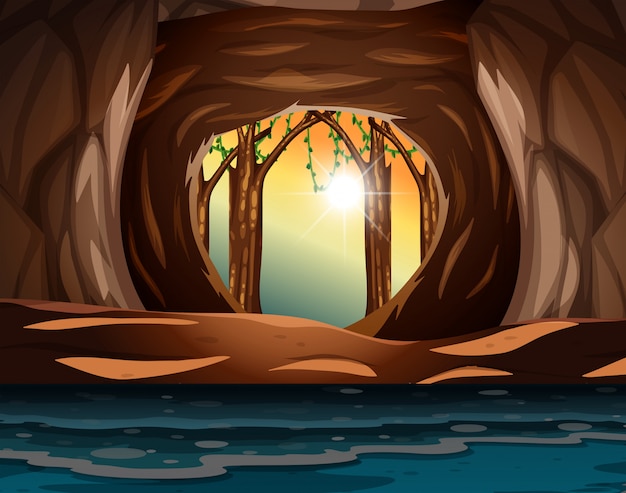 Premium Vector | A sunrise at the cave entrance