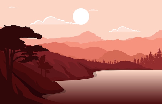 日の出日没山森林野生の自然風景白黒イラスト プレミアムベクター