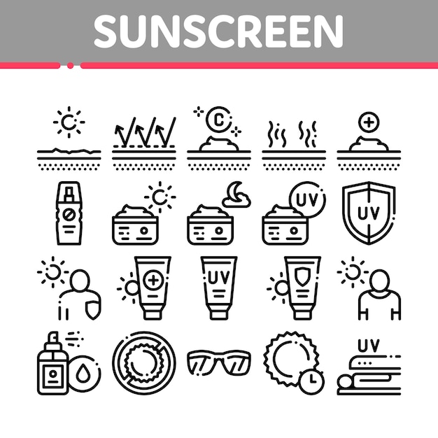 Sunscreen collection elements icons set Premium Vector